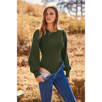 MASCOMODA Long Puff Sleeve Sweaters for Women 2024 Fall Winter Crewneck Knit Ribbed Bodysuit Pullover Tops (Army Green, Small)