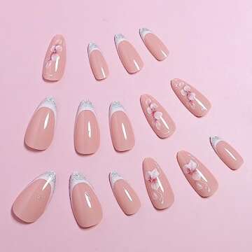 French Tip Press on Nails Almond Shaped Medium Flower Fake Nails with Pink Petal Designs White Glitter French Tip Acrylic Nails Full Cover Glossy Artificial Nails Summer Stick on Nails for Women 24Pcs