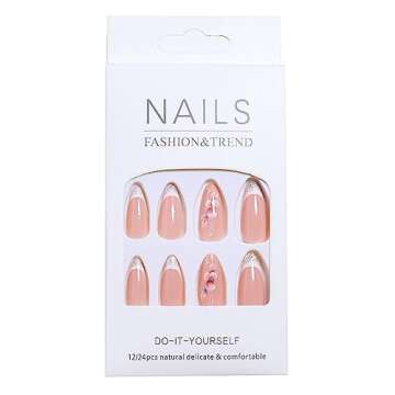 French Tip Press on Nails Almond Shaped Medium Flower Fake Nails with Pink Petal Designs White Glitter French Tip Acrylic Nails Full Cover Glossy Artificial Nails Summer Stick on Nails for Women 24Pcs