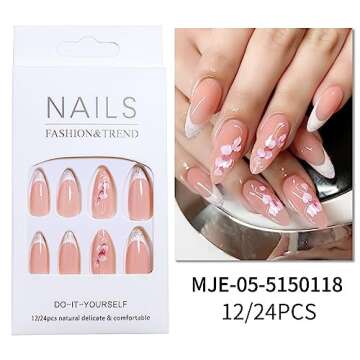French Tip Press on Nails Almond Shaped Medium Flower Fake Nails with Pink Petal Designs White Glitter French Tip Acrylic Nails Full Cover Glossy Artificial Nails Summer Stick on Nails for Women 24Pcs