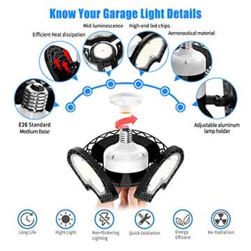 Dansny LED Garage Light - 120W Deformable Ceiling Lights with 3 Adjustable Panels, 18000 Lumens