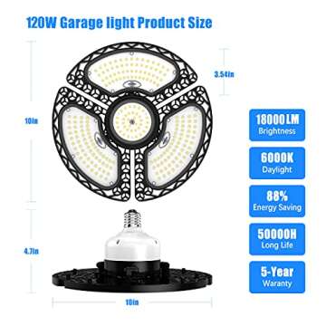 Dansny LED Garage Light - 120W Deformable Ceiling Lights with 3 Adjustable Panels, 18000 Lumens