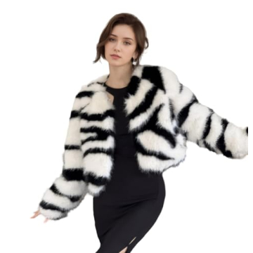 EDGBI Women's Winter Zebra Short Coat - Faux Fur Elegant Warm Jacket