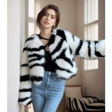 EDGBI Women's Winter Zebra Faux Fur Jacket - Warm & Stylish