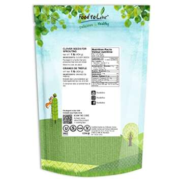 Food to Live - Clover Seeds for Sprouting, 1 Pound Pure, Vegan, Kosher, Bulk. Edible Seeds. Rich in ...