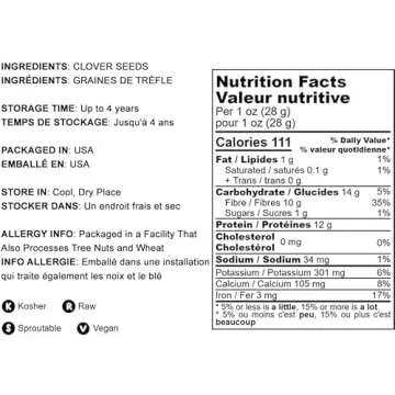 Food to Live - Clover Seeds for Sprouting, 1 Pound Pure, Vegan, Kosher, Bulk. Edible Seeds. Rich in Vitamin C. High Germitation Rate. Grow Sprouts, and Microgreens.