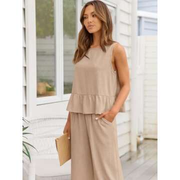 AUTOMET Womens Summer 2 Piece Outfits Linen Crop Tank Tops Lounge Matching Sets & Long Track Pants Tracksuits 2025 Apricot L