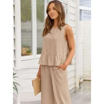 AUTOMET Womens Summer 2 Piece Outfits Linen Crop Tank Tops Lounge Matching Sets & Long Track Pants Tracksuits 2025 Apricot L