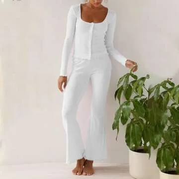 Argeousgor Women Y2k 2 Piece Pajamas Sets Floral Heart Long Sleeve Button Up Shirt Tops Pants Pjs Loungewear Sleepwear s A White