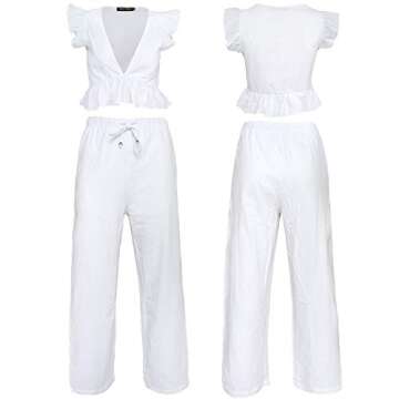 FANCYINN Womens White Two Pieces Outfits Deep V Neck Crop Top Side Slit Drawstring Wide Leg Pants Set Jumpsuits XL