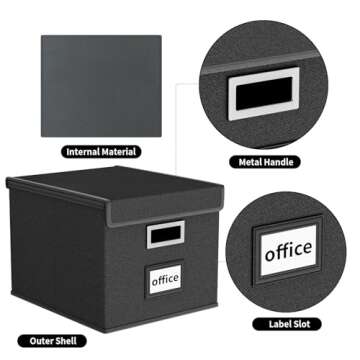 Huolewa Upgraded Portable File Organizer Box, Large Linen Hanging Office Document Storage Box with Lid - Black, Collapsible Filing & Storage Boxes for Office/Decor/Home - 14.9 x 12.59 x 10.8 inch