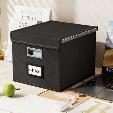 Huolewa Upgraded Portable File Organizer Box, Large Linen Hanging Office Document Storage Box with Lid - Black, Collapsible Filing & Storage Boxes for Office/Decor/Home - 14.9 x 12.59 x 10.8 inch