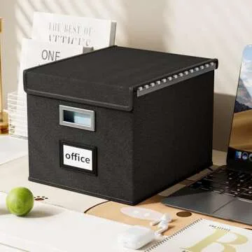 Huolewa Upgraded Portable File Organizer Box, Large Linen Hanging Office Document Storage Box with Lid - Black, Collapsible Filing & Storage Boxes for Office/Decor/Home - 14.9 x 12.59 x 10.8 inch