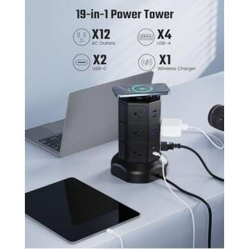 Power Strip Tower, SUPERDANNY Surge Protector Tower with 15W Wireless Charger, 1050J, 13A Charging Station with 12 AC Outlets & 6 USB Ports (2 USB C), 6.5ft Extension Cord for Home Office Dorm