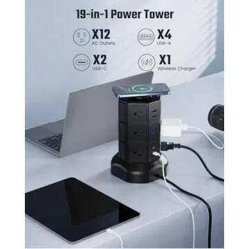 Power Strip Tower, SUPERDANNY Surge Protector Tower with 15W Wireless Charger, 1050J, 13A Charging Station with 12 AC Outlets & 6 USB Ports (2 USB C), 6.5ft Extension Cord for Home Office Dorm