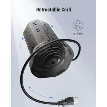 Power Strip Tower, SUPERDANNY Surge Protector Tower with 15W Wireless Charger, 1050J, 13A Charging Station with 12 AC Outlets & 6 USB Ports (2 USB C), 6.5ft Extension Cord for Home Office Dorm