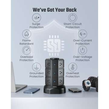 Power Strip Tower, SUPERDANNY Surge Protector Tower with 15W Wireless Charger, 1050J, 13A Charging Station with 12 AC Outlets & 6 USB Ports (2 USB C), 6.5ft Extension Cord for Home Office Dorm