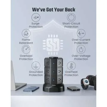 Power Strip Tower, SUPERDANNY Surge Protector Tower with 15W Wireless Charger, 1050J, 13A Charging Station with 12 AC Outlets & 6 USB Ports (2 USB C), 6.5ft Extension Cord for Home Office Dorm