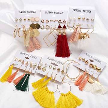 AROIC 93 Pairs Colorful Earrings with Tassel Earrings Layered Ball Dangle Hoop Stud Jacket Earrings ...