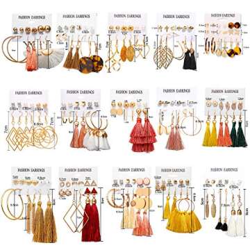 AROIC 93 Pairs Colorful Earrings with Tassel Earrings Layered Ball Dangle Hoop Stud Jacket Earrings for Women Jewelry Fashion and Valentine Birthday Party Gift.
