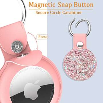 QearFun Bling Diamond Apple Airtag Case, Sparkly Leather Airtag Keychain Holder with Shiny Rhinestone, Glitter Girly Fancy Apple Air Tag Holder Gifts for Kids Girls Women(Pink)