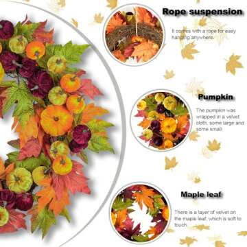 24 inch Fall Wreaths for Front Door，Door Decorations Hanging，Spring Porch Decor，Home Decor, Farmhouse Halloween Thanksgiving Holiday Wedding Decoration