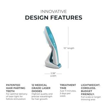 Hairmax Ultima 12 LaserComb - (FDA Cleared) Laser Hair Regrowth Treatment Device for Men & Women - Reverses Thinning Hair Loss - Red Light Therapy to Stimulate Hair Growth - Cordless Design