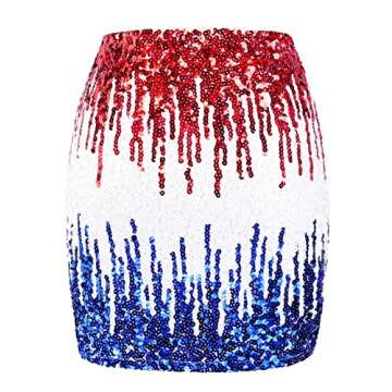 MANER Women's Sequin Skirt Sparkle Stretchy Bodycon Mini Skirts Night Out Party (Large, Red/White/Bl...