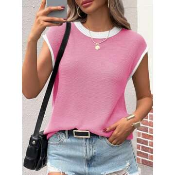 Saodimallsu Womens Summer Cap Sleeve Knit Top Bright Pink