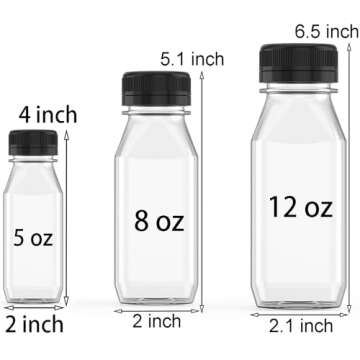 5 Pcs 5 oz Plastic Juice Bottle Reusable Transparent Bulk Beverage Containers with Black Lids for Juice, Drinking Milkshake Tea, Milk, Juicing Smoothie Water and Other Beverages, Fridge Storage