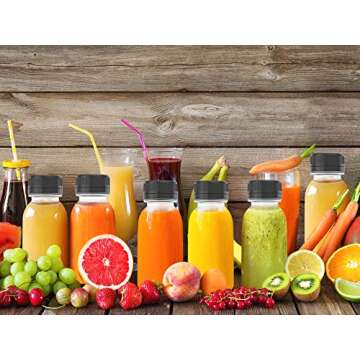 5 Pcs 5 oz Plastic Juice Bottle Reusable Transparent Bulk Beverage Containers with Black Lids for Juice, Drinking Milkshake Tea, Milk, Juicing Smoothie Water and Other Beverages, Fridge Storage