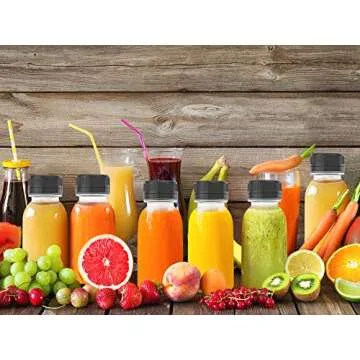 5 Pcs 5 oz Plastic Juice Bottle Reusable Transparent Bulk Beverage Containers with Black Lids for Juice, Drinking Milkshake Tea, Milk, Juicing Smoothie Water and Other Beverages, Fridge Storage