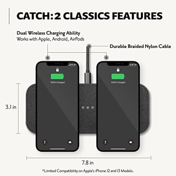 COURANT Catch:2 Classics - Italian Leather Dual Wireless Charging Pad - Compatible with iPhone 11, X, SE, Galaxy S23, S22, S21, S20, Note, AirPods, AirPods Pro (Ash)