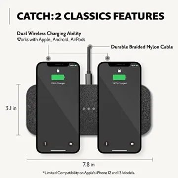 COURANT Catch:2 Classics - Italian Leather Dual Wireless Charging Pad - Compatible with iPhone 11, X, SE, Galaxy S23, S22, S21, S20, Note, AirPods, AirPods Pro (Ash)