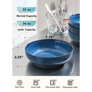 LE TAUCI Pasta Bowls 32 Ounce, Ceramic Salad Bowl, Large Serving Bowl Set for kitchen, Dishwasher Oven Microwave Safe- Set of 4, Ceylon Blue