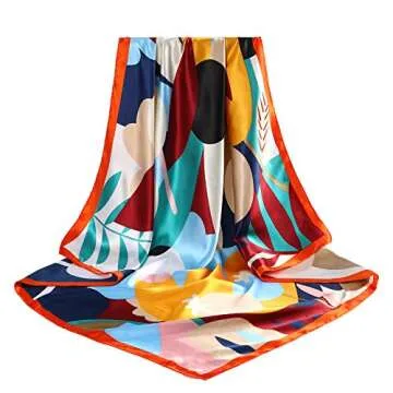 AWAYTR 35” Large Satin Square Head Scarf - 2Pcs Silk Like Floral Head Scarves Square Satin Hair Scarf Bandanas for Women (Flower(Red/Yellow))