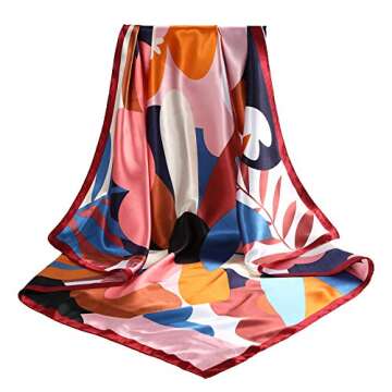 AWAYTR 35” Large Satin Square Head Scarf - 2Pcs Silk Like Floral Head Scarves Square Satin Hair Scarf Bandanas for Women (Flower(Red/Yellow))