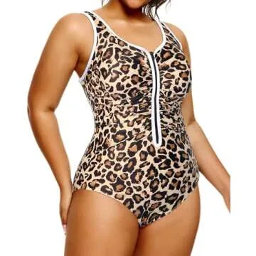 Daci Women Leopard Plus Size One Piece Zipper Swimsuits Ruched Tummy Control Bathing Suit Push Up Swimwear 18 Plus