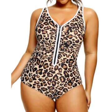 Daci Women Leopard Plus Size One Piece Zipper Swimsuits Ruched Tummy Control Bathing Suit Push Up Swimwear 18 Plus
