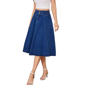 Tanming Women's Casual Vintage Elastic Waist Flared Pleated Midi Denim Jean Skirt (Blue-S)