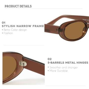 mosanana Retro Oval Sunglasses for Women 90s Small Trendy Vintage Cool Narrow Tiny Cute Small Face 2024 Nude Frame Brown Lens MS52359