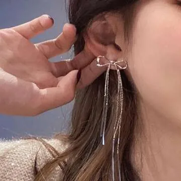 Silver Bow Earrings Cute Bow Ribbon Dangle Earrings 14K Gold Ribbon Earrings Bow Jewelry for Women