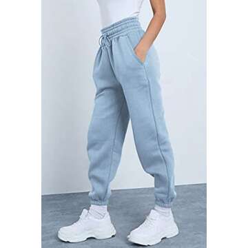 AUTOMET Women’s 2023 Fall High Waisted Sweatpants Baggy Fleece Lined Lounge Pants Petite Wide Leg Drawstring Joggers with Pockets SkyBlue