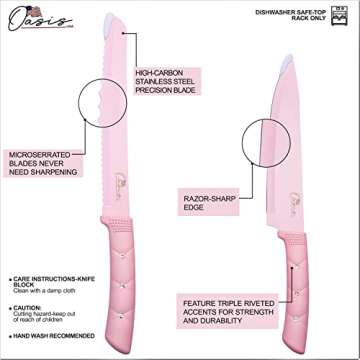 Kitchen Knife Set, OasisUSA Stainless Steel Sharp Knife Sets With ABS Stand, non-fading Pink Color Flower patterned Stainless Steel Blade with Triple-Riveted Handles. Gift for Women and Girls