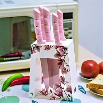 Kitchen Knife Set, OasisUSA Stainless Steel Sharp Knife Sets With ABS Stand, non-fading Pink Color Flower patterned Stainless Steel Blade with Triple-Riveted Handles. Gift for Women and Girls