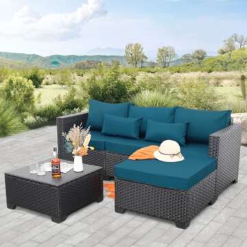 Rattaner Outdoor Furniture Set 3 Pieces Wicker Patio Furniture Outdoor Sectional Patio Couch Outdoor Coffee Table with Storage All-Weather Non-Slip Cushions Waterproof Covers, Peacock Blue