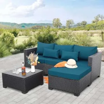 Rattaner Outdoor Furniture Set 3 Pieces Wicker Patio Furniture Outdoor Sectional Patio Couch Outdoor Coffee Table with Storage All-Weather Non-Slip Cushions Waterproof Covers, Peacock Blue