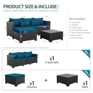 Rattaner Outdoor Furniture Set 3 Pieces Wicker Patio Furniture Outdoor Sectional Patio Couch Outdoor Coffee Table with Storage All-Weather Non-Slip Cushions Waterproof Covers, Peacock Blue