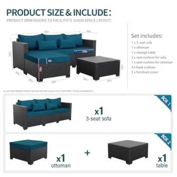 Rattaner Outdoor Furniture Set 3 Pieces Wicker Patio Furniture Outdoor Sectional Patio Couch Outdoor Coffee Table with Storage All-Weather Non-Slip Cushions Waterproof Covers, Peacock Blue