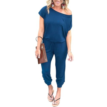 PRETTYGARDEN Women's Loose Solid Off Shoulder Elastic Waist Stretchy Long Romper Jumpsuit - Perfect ...